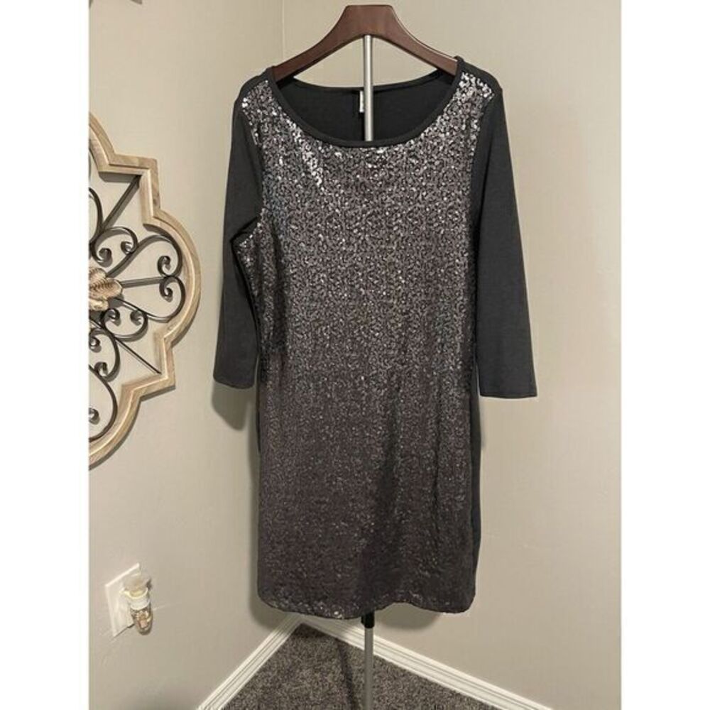 VTG Old Navy Women's Charcoal Gray Knit 3/4 Sleeve Ponte Bodycon Sequin Large